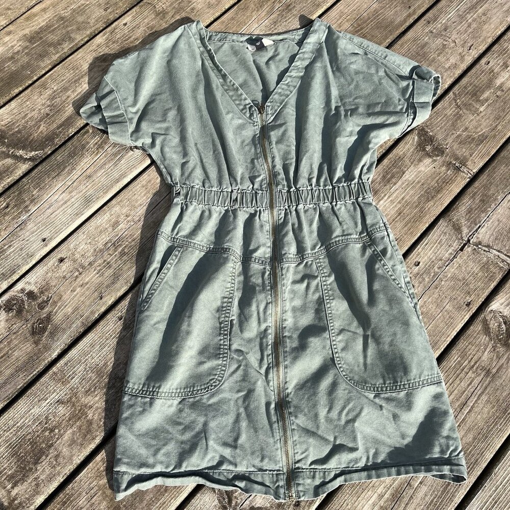 Universal Thread Women's Zip Up Short Sleeve Dress Green Cotton Size XS‎